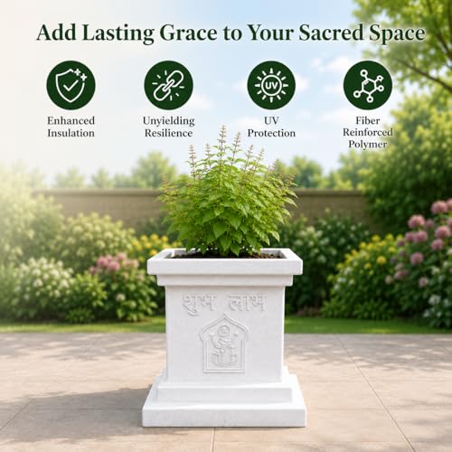 Image of Niyara Religious Tulsi Pot with Shubh Labh Pattern | FRP Indoor & Outdoor | White 10 Inch