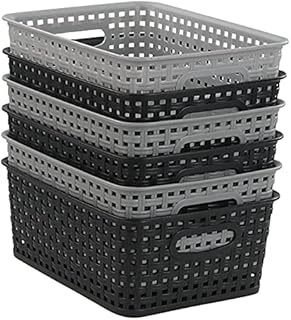 Qqbine Woven Plastic Storage Baskets Office Organizer, Black and Grey, 6 Packs