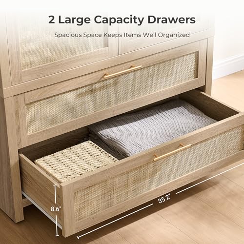 SICOTAS Rattan Armoire Wardrobe Closet Cabinet, 71" Wardrobe Storage Cabinet with 2 Drawers, and Hanging Rod, Boho Large-Capacity Deep Armoire Clothes Organizer for Bedroom, Cloak Room, Light Oak