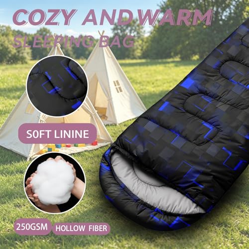 Bolsa de dormir para niños con diseño de gatos, bolsa ligera impermeable y cálida para camping de 3 estaciones, portátil con compresión miniatura 3