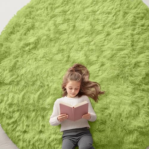 OLANLY Grass Green Round Rugs for Bedroom - Machine Washable, 8 ft Circle Area Rugs for Living Room, Soft and Fluffy Shaggy Carpet for Teen Girls and Boys, Nursery Rooms, Dorms, Home Decor Aesthetic