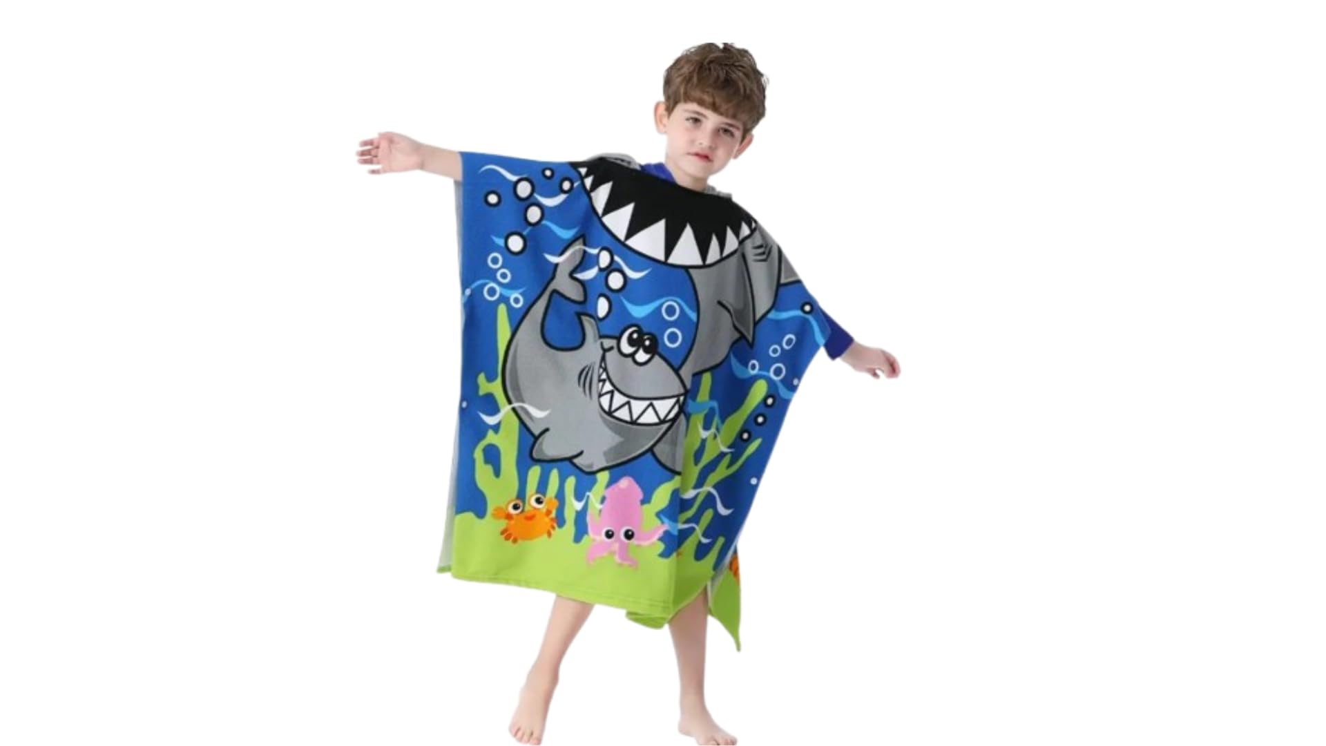 Buyers Arena. Kids Hooded Poncho Towel. Soft Microfiber Bath Robe for Boys & Girls. Unicorn & other Designs. Absorbent & Quick-Dry. For Swimming, Beach, Bath & Travel (Blue Shark 75x150cm 6-12yrs)