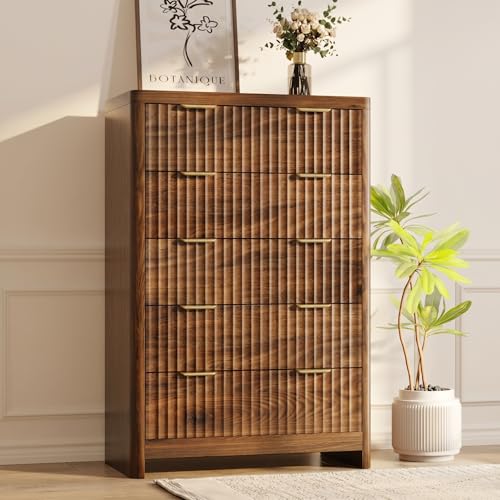 Varello Walnut Dresser for Bedroom with 5 Deep Drawers 47 Tall Fluted Chest of Drawers with Storage & Round Corner Mid Century Modern Closet Clothes Dresser Wooden Storage Cabinet for Living Room