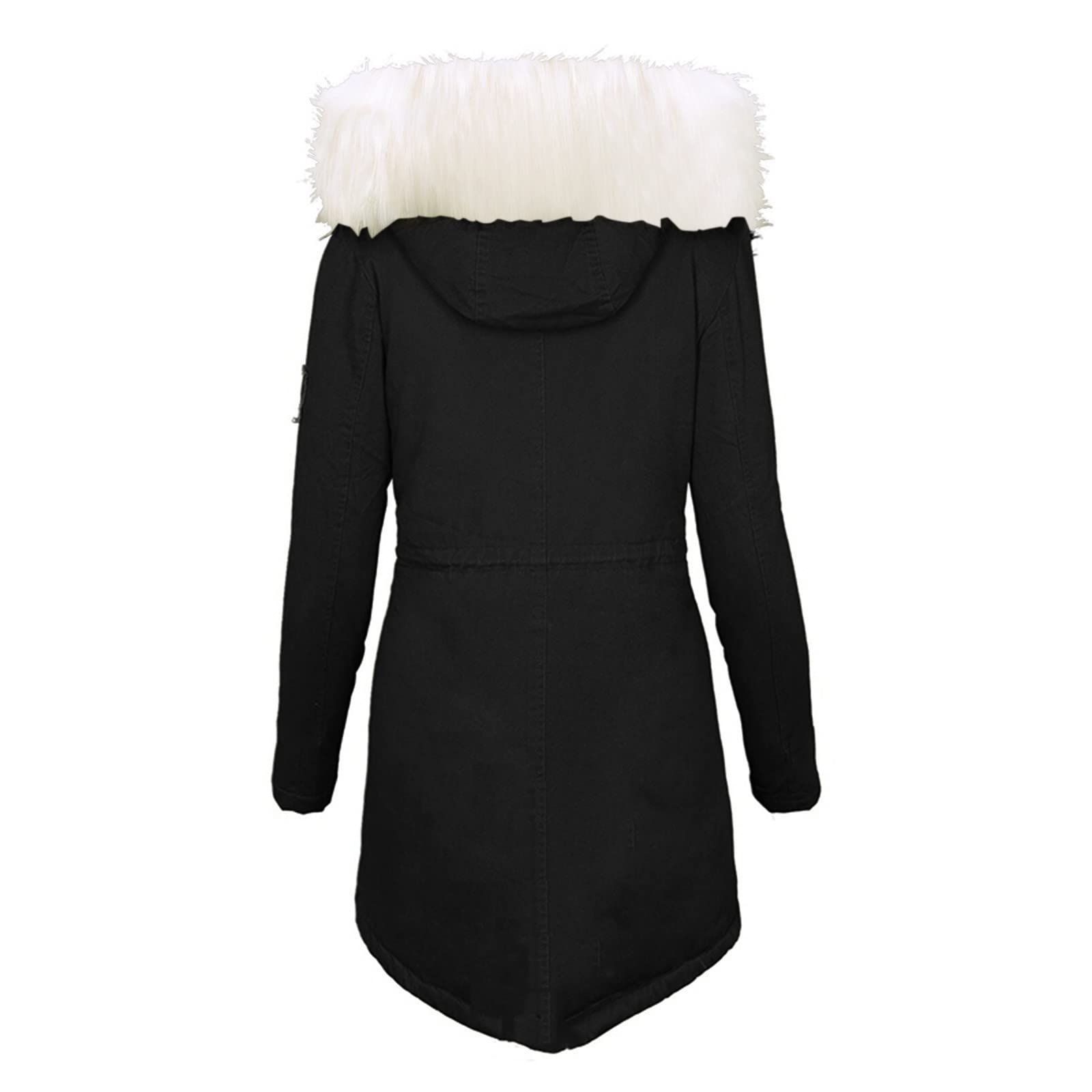 Winterjacke Damen Schwarz Mit Fell | Weiß Teddyfell Gefütterte Winterparka Tunika Fleecejacke Elegant Schmale Outdoor-Plüschjacke Lässig Dicker Steppmantel mit Pelzkragen(Schwarz,M)