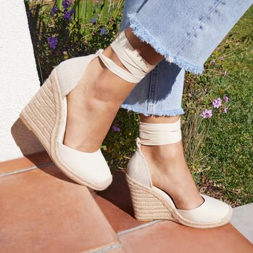 Image of JustFab Wedge Sandals for Women Platform High Heels Summer Mule Open Toe Espadrille Wedges Slip on Comfortable Soft Arch Support Sandals