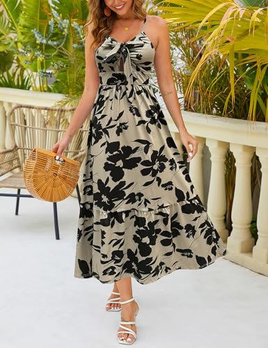 Image of Kranda Women 2026 Summer Sundress High Waist Tie Front Spaghetti Strap Long Beach Floral Tiered Maxi Dress with Pockets