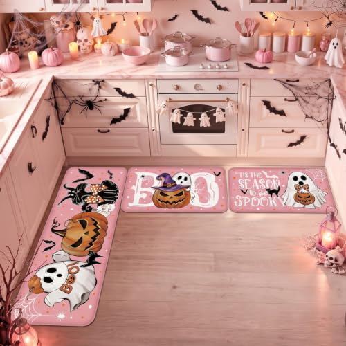 Tinideya 3 Pcs Halloween Ghost Kitchen Rugs and Mats Set,Pink by Tinideya - Used condition - Image 2