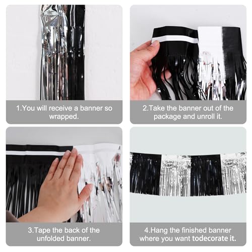 Image of BEISHIDA 3 Packs Metallic Foil Fringe Garland Black Silver Wall Hanging Tinsel Fringe Banners for Car Floats Bridal Shower Wedding Birthday Easter Graduation Holiday Party Decoration(30 Feet)