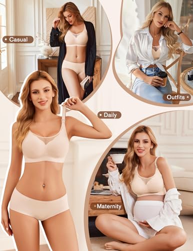Image of Ekouaer Women Full Cover Nusing Bra Seamless Maternity Mush Haves Mesh Breastfeeding Smooth Bras Breathable Postpartum Bralette Beige M