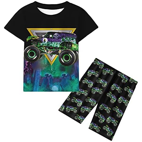 Toddler Monster Cars Boys Shorts Sets Kids Car Machine Short Tee Shirt Shorts Sets 2PCS Home Clothing Set Playwear Black 2-3 Years Cover