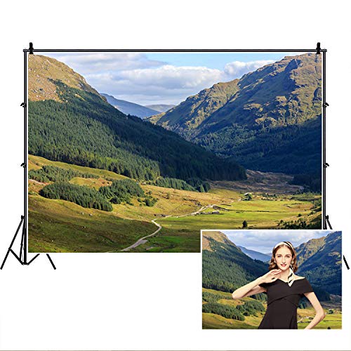 Mountain Basin Backdrops,Yeele 7x5ft Vinyl Blue Sky White Clouds Green Tree Grass Nature Landscape Photography Background,Wilderness Hiking Mountain
