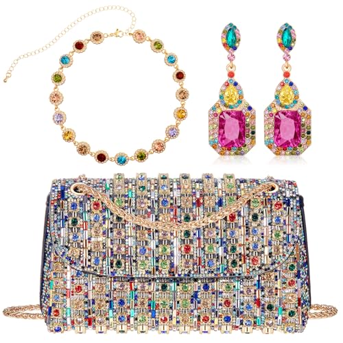 Image of Landical 3 Pcs Rhinestone Clutch and Jewelry Set for Women, Crystal Diamond Earring & Necklace, Evening Wedding Formal