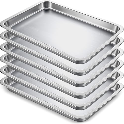 Afarnook 6 Pcs 8.6 x 6.4 Inch Baking Sheets Stainless Steel Baking Pan Tray Cookie Sheet Rectangle Mirror Finish and Rust Free Easy Clean and Dishwasher Safe Bakeware Oven Tray for Roasting (Silver)