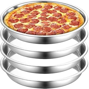 Elsjoy 4 Pack 33cm Stainless Steel Pizza Pan, Deep Round Baking Pan Large Pizza Baking Tray, Heavy-Duty Pizza Dish Non-Stick Baking Sheet for Oven, Dishwasher Safe