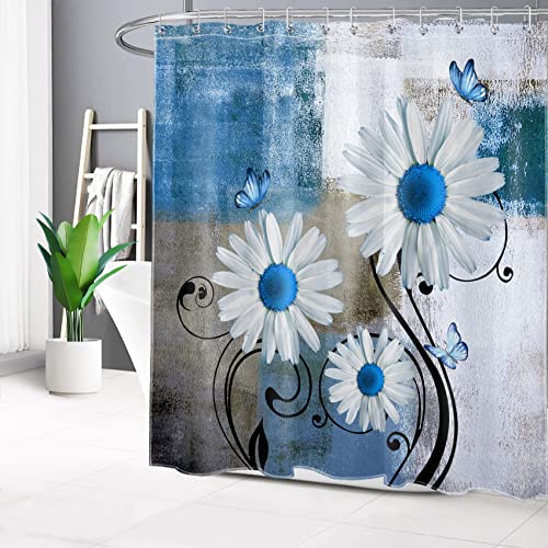 Blue Daisy Floral Shower Curtain White Flower And Butterfly On Modern Abstract Geometric Grey And White Shower Curtain Farmhouse Country Shower Curtain Bathroom Fabric Durable 12 Hooks 72X72Inches #TOP1