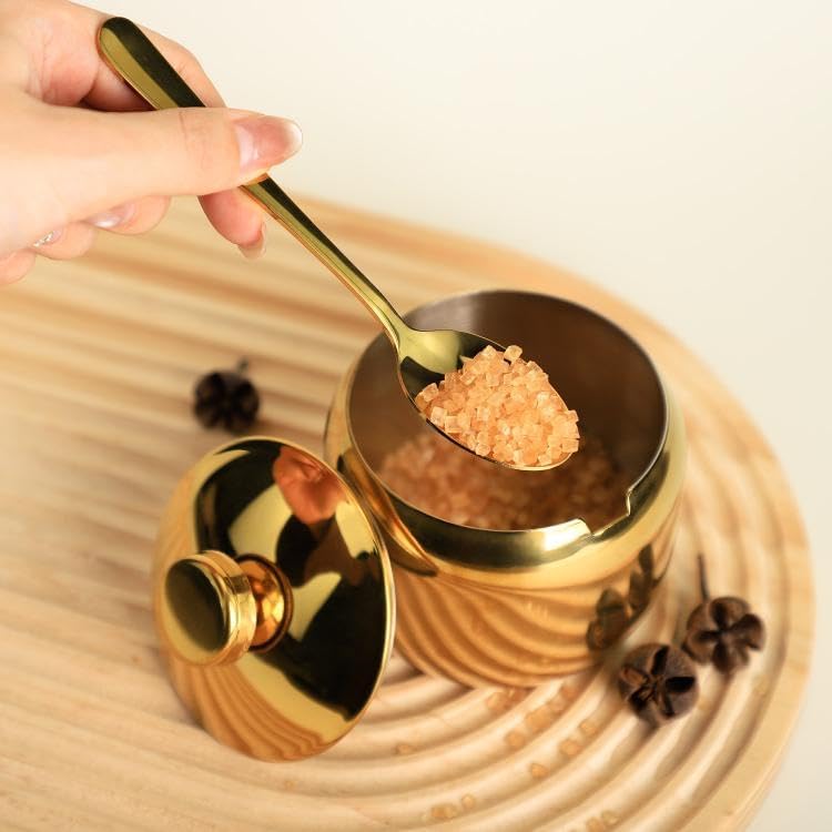 Miniatura 4 de 123Arts Azucarero de acero inoxidable con tapa y cuchara, contenedor de azúcar para especias de café y sal