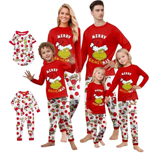 QTUN Pijama Familiar Navideño, Ropa de Dormir a Juego con Estampado Divertido, 2 Piezas Ropa de Casa Cálida Invierno, Pijama de Dormir Cómodo Nochebuena para para Mujer Hombre Niños y Bebé