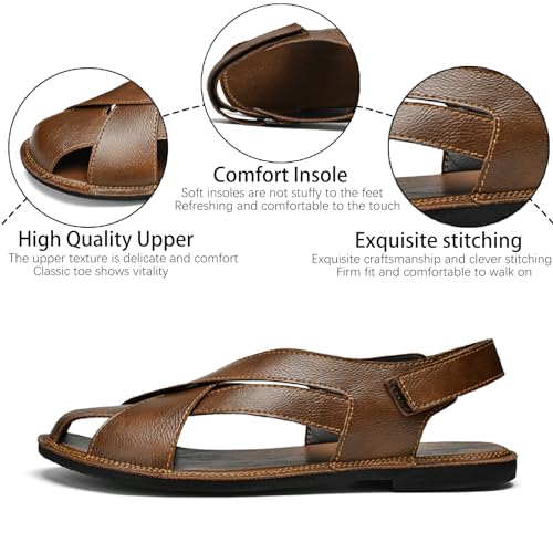 Men's Genuine Leather Hook Loop Fisherman Sandals Hollow Out Breathable Lightweight Slip On Closed Toe Summer Casual Flat Sandals for Driving Walking Beach Shoes3