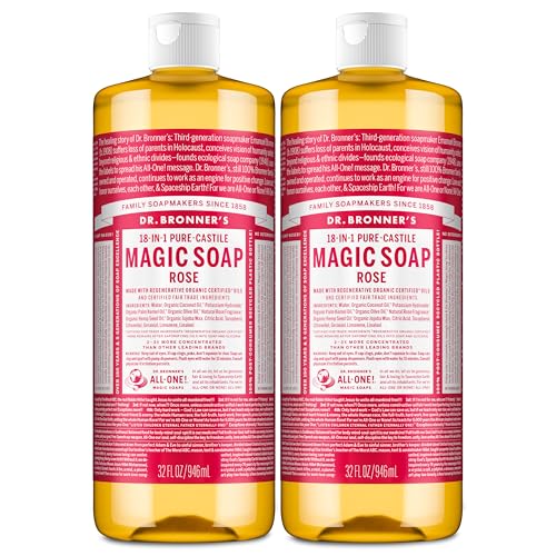 Dr. Bronner's Pure-Castile Magic Liquid Soap (Rose, 32 Ounce, 2-Pack)- Made with Regenerative Organic Certified Oils, 18-in1 Uses: Face, Hair, Hand & Body Soap, Laundry, Pets- Concentrated, Vegan