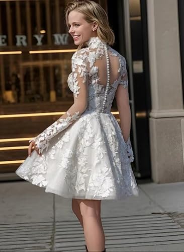 Vintage High Neck Long Sleeve Short Wedding Party Bridesmaid Dresses Lace Hollow Back With Button A Line Tulle Ruched White Cheap Prom Homecoming Graduation Dress 20W #TOP3