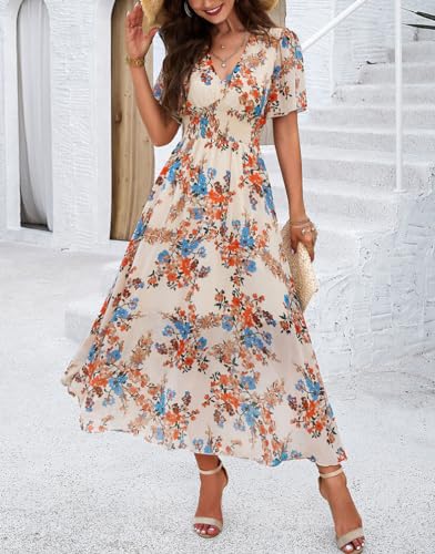 Women's Dress Summer Printed Waist-Slimming V Neck Short Sleeve Beach Long Dresses2
