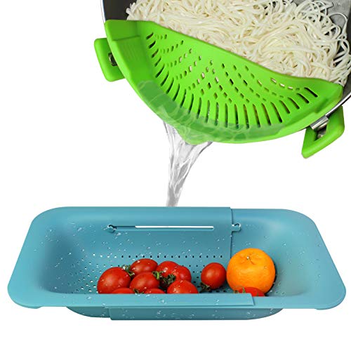 Pasta StrainerPot StrainerCollapsible ColanderClip On StrainerFruits Vegetables Noodle Pasta Food Drain Basket Space Extendable Colander Strainer BasketTeal)