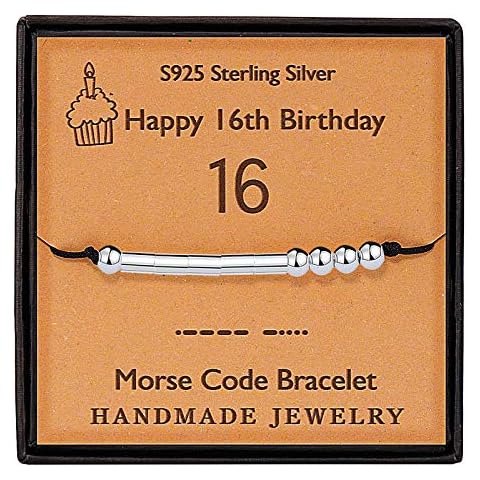 Gleamart 16th Birthday Gift Morse Code Bracelet Sterling Silver Handmade Secret Message Beads Silk Cord Bangle Cover