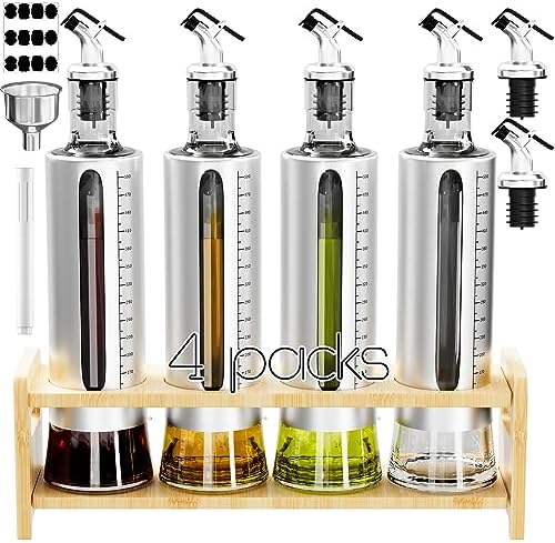 SINYWAY Oil Dispenser Bottle, 4 Pack Glass Olive Oil Dispenser Bottle with Shelf, 17oz Oil and Vinegar Dispenser Set Wrapped in Stainless Steel Shell with Pourers, Funnel & Pen and Tags