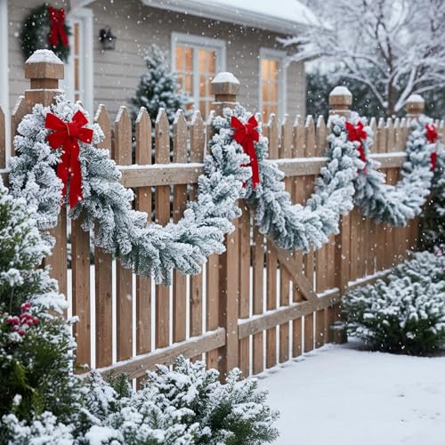 Suncalla 2 Pcs Snow Flocked Alaskan Pine Artificial Christmas Garland Thick White Winter Snowy Pine Garland Deluxe Faux Holiday Season Outdoor Wreath for Christmas Home Decorations(9 ft,White) by Suncalla - Image 4
