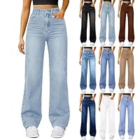 Jeans for Women UK High Waisted Loose Stretchy Straight Boyfriend Trousers Ladies Wide Leg Cotton Blend Denim Trouser Comfort Casual Sweatpants with Pocket