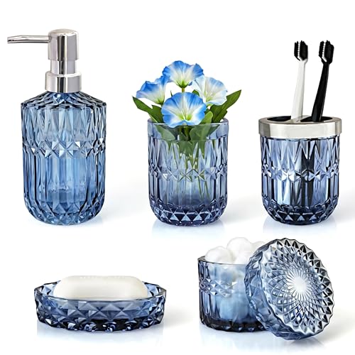LaMarriti Blue Bathroom Accessories Set, 5Pcs Clear Glass Bathroom Accessories, Hand Soap Dispenser, Soap Dish, Toothbrush Holder Set, Qtips Holder for Crystal Vintage Bath Countertop Decor, Gift Set