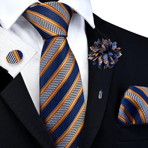 Image of GUSLESON 3.15 inch(8cm) Mens Stripe Tie and Lapel Pin Necktie Hankerchief Cufflinks Set for Men