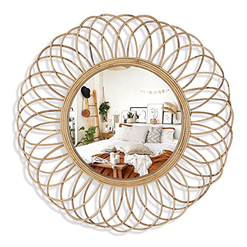 Decoccino Natural Rattan Farmhouse Round Wall Mirror 28" Boho Circle Wicker Mirror For Wall，Rustic Handwoven Hanging Mirror Wall Decor For Bathroom, Living Room, Bedroom, Entryway #TOP5