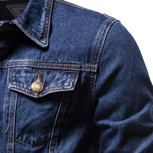 Men's Skinny Denim Jacket Man Casual Trucker Western Unlined Coat Male Button Up Lightweight Jean Jacket (Large,Dark Blue)4