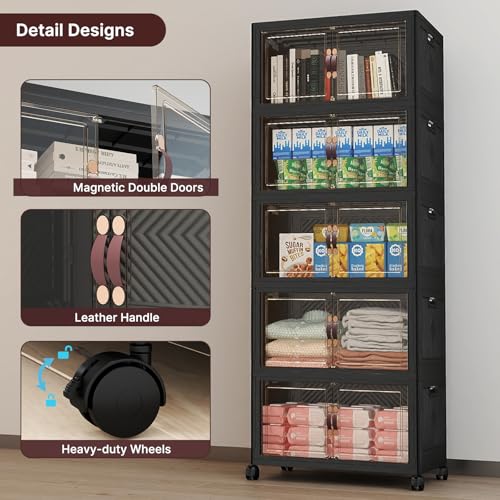 Image of UAMFURI Stackable Storage Bins with Lids, 240QT Lockable Storage Cabinet | Folding Storage Box with Doors and Wheels, Collapsible Plastic Drawers for Home, Garage, Office
