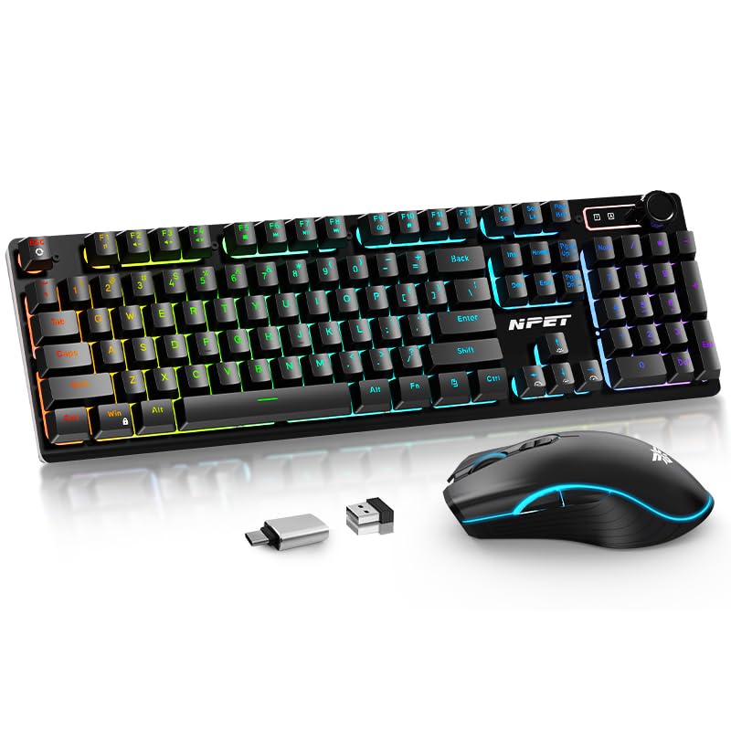 NPET S21PRO Wireless Gaming Keyboard & Mouse Combo - Mechanical Feel RGB Keyboard + 3200DPI Mouse | 3800mAh Battery?USB Receiver is Under The Mouse?