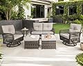 FKLUG 6 Pieces Patio Furniture Set, Outdoor Wicker Sofa Couch with 360° Swivel Rocking Chairs,Patio Conversation Sets with Ottoman and Coffee Table for Outside Porch Backyard Pool (Gray)