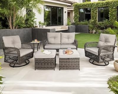 FKLUG 6 Pieces Patio Furniture Set, Outdoor Wicker Sofa Couch with 360° Swivel Rocking Chairs,Patio Conversation Sets with Ottoman and Coffee Table for Outside Porch Backyard Pool (Gray)