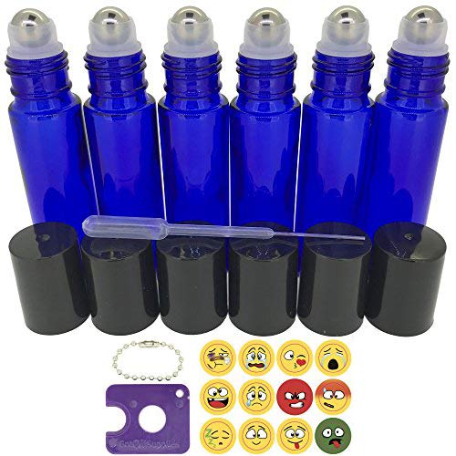 Got Oil Supplies 10ml Roller Bottles For Essential Oils - Includes 12 Free Emoji Lid Stickers, Rollerball Insert Tool & Pipette - 6 or 12 Packs In Multiple Colors (6 Pack, Blue)