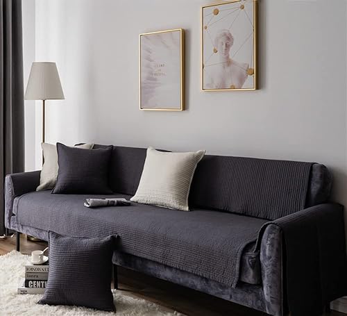 Miniatura 6 de vctops Funda de algodón a rayas sólidas para sofá, antideslizante, acolchada, lavable, protector de muebles suave para mascotas, niños, perros