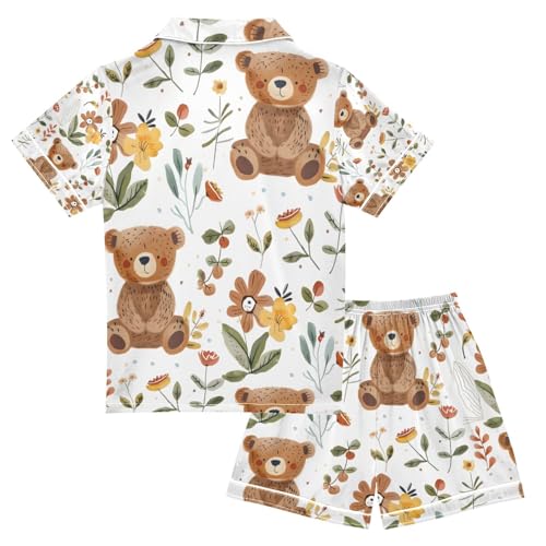 senya Cartoon Bears and Flowers A Satin Summer Pajama Sets Silk Short Sleeve Button Down Sleepwear2