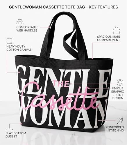 Image of TrendoPrint Cassette Canvas Tote Bag, Black with Printed Design, Zipper Closure, 43 x 38 cm, Large Shoulder Hand Bag for Shopping, College, Travel