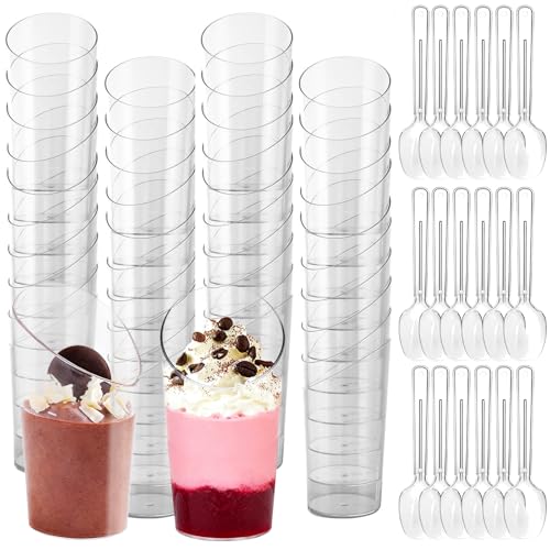 Eidoct Paquete de 50 tazas de postre en ángulo de 75 ml con cucharas, tazas de parfait duras reutilizables para tarta de queso, pudín, mousse, triles, gelatina y tiramisú, cuencos redondos