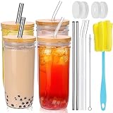 Moretoes 4pcs 20oz Glass Cups with Lids and Straws, Glass Iced Coffee Cups, Mason Jars Reusable Boba Bottle, Cute Travel Tumbler Cup for Jumbo Smoothie, Bubble Tea, Cold Brew, Soda,