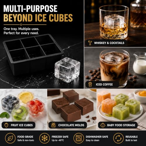 Image of Zollyss Ice Trays for Freezer Silicone | BPA-Free Large Jumbo Ice Cube Maker, Food-Grade Square Ice Cube Tray for Drinks, Cocktails, Coffee & Beverages, Black