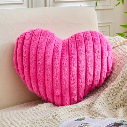 XVTRU Heart Pillows Heart Decorative Pillow Soft Fluffy Heart Shaped Hot Pink Throw Pillows with Faux Rabbit Fur Aesthetic Room Decor Cute Pillow for Valentines Mother's Day