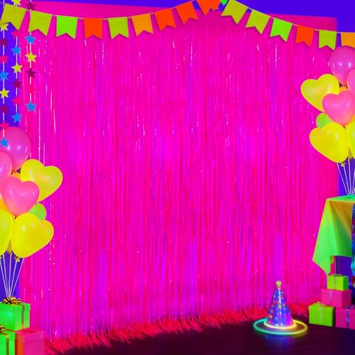 Image of 2 Pack Glow in The Dark Party Streamers, Neon Party Decorations Fluorescent Macaron Fuchsia Tinsel Foil Fringe Curtains, Photo Booth Prop Backdrop Streamers, Birthday Halloween Party Decorations