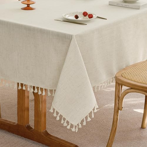 Beige Burlap Linen Rectangle Table Cloth with Tassel Farmhouse Tablecloths for Kitchen Dining Decoration Soft Fabric Oblong Table Covering Cloth Indoor Holiday Decor Birthday Daily Use, 55x102 Inch