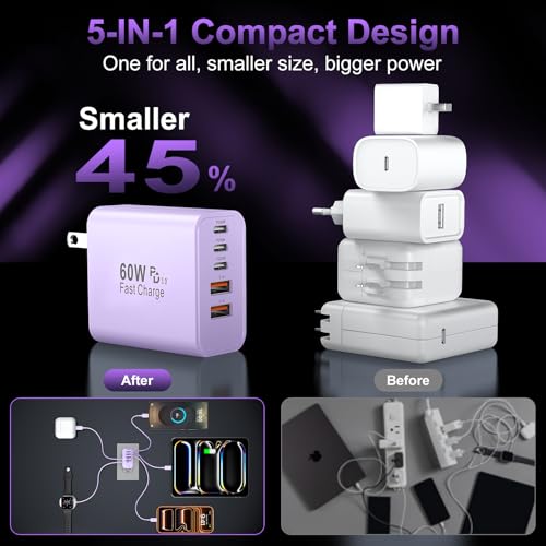 Image of USB C Fast Wall Charger Block, 2Pack 60W USBC Charging Cubes, 5-Port PD+QC Power Adapter Multiport Brick Type C Box Plug for Phone 17 /16 /15 /14 /13 /12 /11 /Pro Max /Plus, Pad Mini /Pro /S25 /S24-Lavender