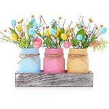KIVIVO Mason Jar Spring Easter Table Decor, Centerpieces for Tables with Pastel Easter Eggs and Berries, Farmhouse Wood Tray, Easter Spring Decorations indoor for Home Office Table